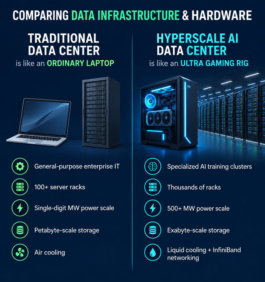 Comparing data infrastructure and hardware: a traditional data center is like an ordinary laptop, while a hyperscale AI data center is like an ultra gaming rig